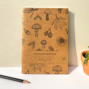 Carnet de notes kraft A5 | Papier ordinaire 140 g | Champignons et botanique | Papier recyclé respectueux de l'environnement