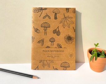 A5 Kraft Notebook | 140gsm Plain Paper | Mushrooms & Botanical | Eco-friendly Recycled Paper