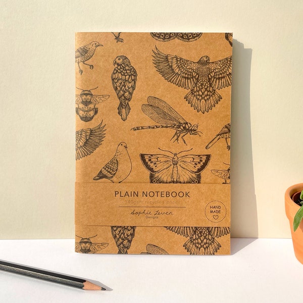 A5 Kraft Notebook | 140gsm Plain Paper | Endangered Bird and Insect Illustrations | Eco-friendly Recycled Paper