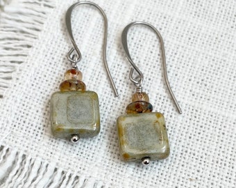 Green boho dangle earrings, Square green earrings, Czech glass beaded earrings