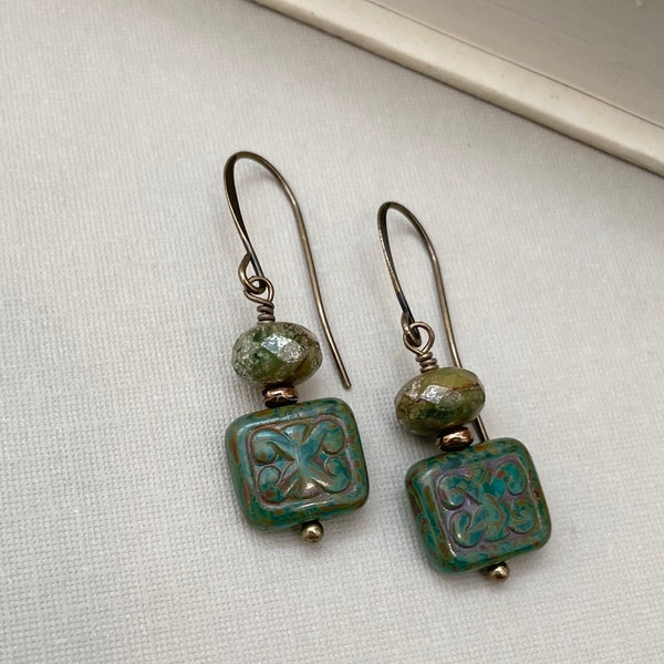 Green boho dangle earrings, Square green earrings, Czech glass beaded earrings