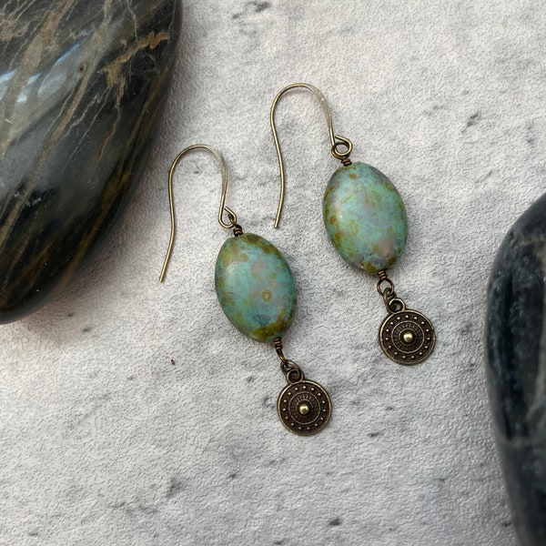 Czech glass turquoise colored earrings, Picasso Earrings, Czech glass beaded earrings, Earthy Jewelry, Unique gift