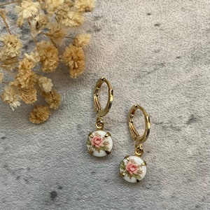 Vintage Pink Rose Earrings, Floral Earrings, Pink Rose Dangle Earrings, Gift for Her