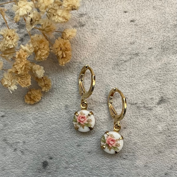 Vintage Pink Rose Earrings, Floral Earrings, Pink Rose Dangle Earrings, Gift for Her