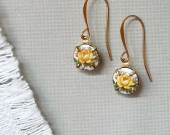 Yellow Rose Earrings, Vintage yellow rose pendants,  Mother’s Day Gift