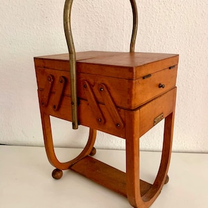 antique, sewing box, antique Torck sewing box, vintage side table on ball feet, sewing cabinet by Tork 2-tier sewing accessories