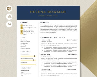 Peut inclure: Un modèle de CV avec un fond doré et des accents bleus. Le CV est pour Helena Bowman et comprend des sections pour les coordonnées, le résumé, les compétences, l'expérience professionnelle et la formation.