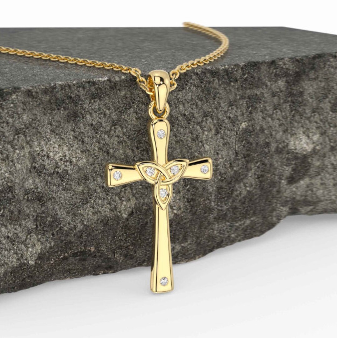 Celtic Trinity Knot Cross Moissanite Pendant Necklace, 14k Gold Over