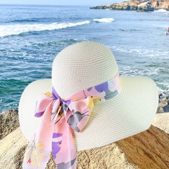 Straw Sun Hat with Pink Floral Scarf Boho Inspired Straw Brim Hat With Flowers, Sun Cap for Women  main image 2