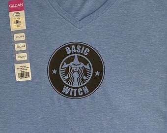 Women's V-neck 2XL blue T shirt with "Basic Witch" design