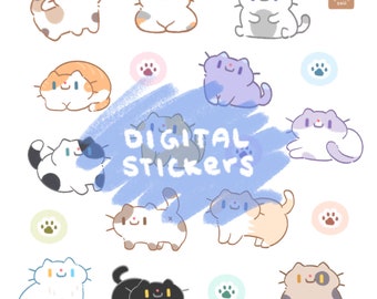 Cute Cats Digital Stickers/ Goodnotes Planner Journal Stickers/ Kawaii Deco Animal Stickers/ Cat Journal Planner Digital Stickers Clipart