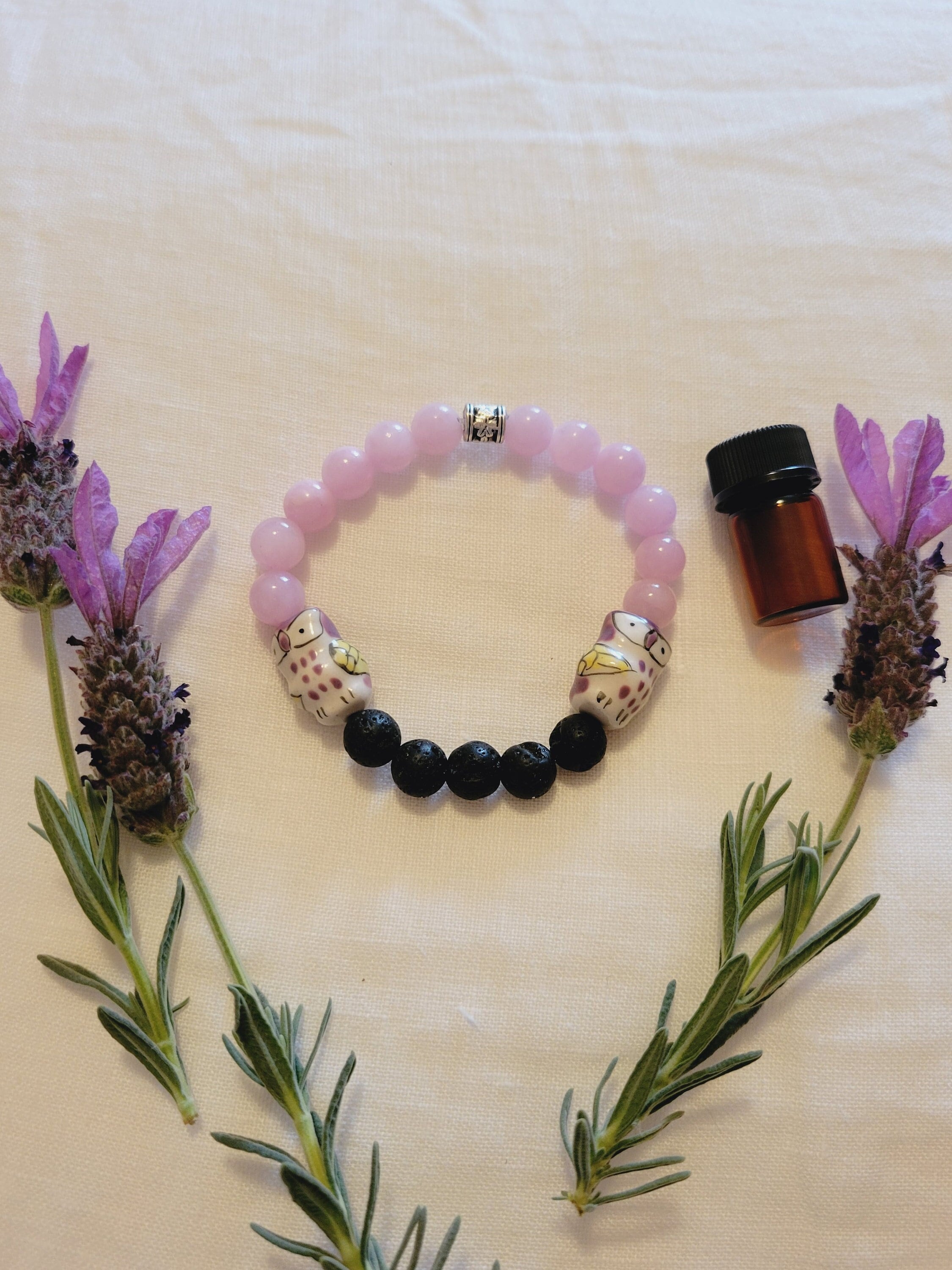 Pink Owl Lava Rock Bracelet