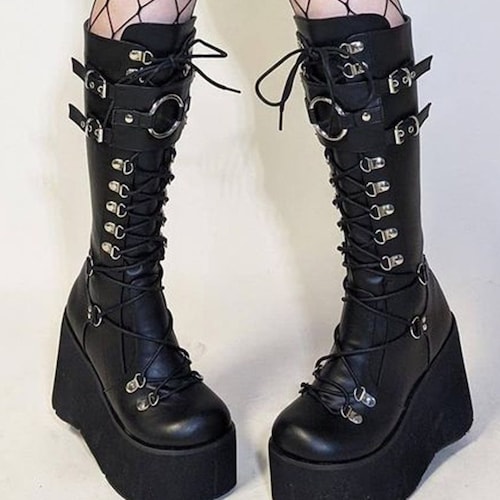 Chunky Super High Platform Boots Black High Heels Lolita - Etsy