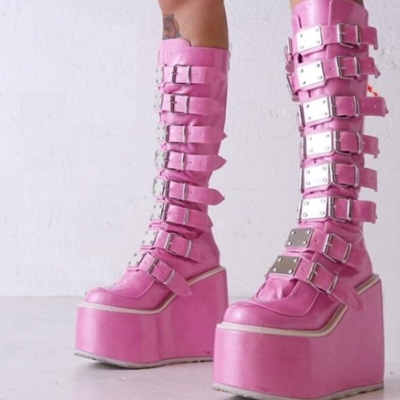 Pink Gothic Punk High Platform Boots Emo Chunky High Heels - Etsy