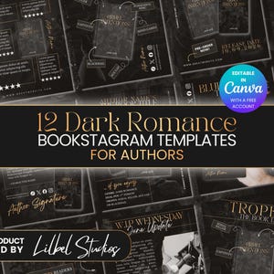 Puede incluir: Una colección de 12 plantillas de bookstagram de romance oscuro para autores, con fondos negros y texto en dorado. Los diseños incluyen marcadores de posición para títulos de libros, nombres de autores, tropos y reseñas, con una insignia de Canva.