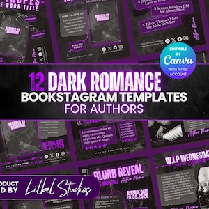 May include: A set of 12 dark romance bookstagram templates for authors featuring a black and purple color scheme. The digital designs include placeholders for book titles, release dates, and author names, with editable text elements in Canva.