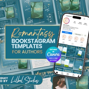 Op de afbeelding: Een digitale marketing-sjabloonset voor auteurs met een blauwgroen en goud kleurenschema. Het display toont een smartphonescherm met een Instagram-profielinterface en diverse social media post-lay-outs met tekst, sterren en boekafbeeldingen.