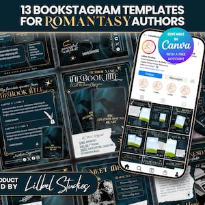 May include: A collection of 13 digital social media templates for authors featuring dark blue backgrounds with gold accents and star motifs. The display includes a smartphone screen showing an Instagram profile and editable Canva layouts.