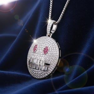 Iced Out Sterling Silver Smiley Skull Pendant - Hip Hop Jewelry