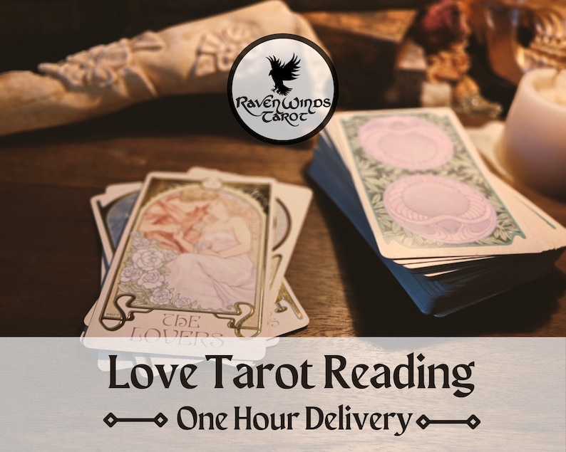 May include: A tarot card reading service with a deck of tarot cards and a sign that says "Love Tarot Reading - One Hour Delivery".