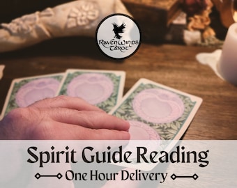 May include: A hand reaches for three tarot cards on a wooden table. The cards are face down and have a green and purple design. The text "Spirit Guide Reading" and "One Hour Delivery" is displayed below the cards. A logo for Raven Winds Tarot is visible in the top left corner of the image.