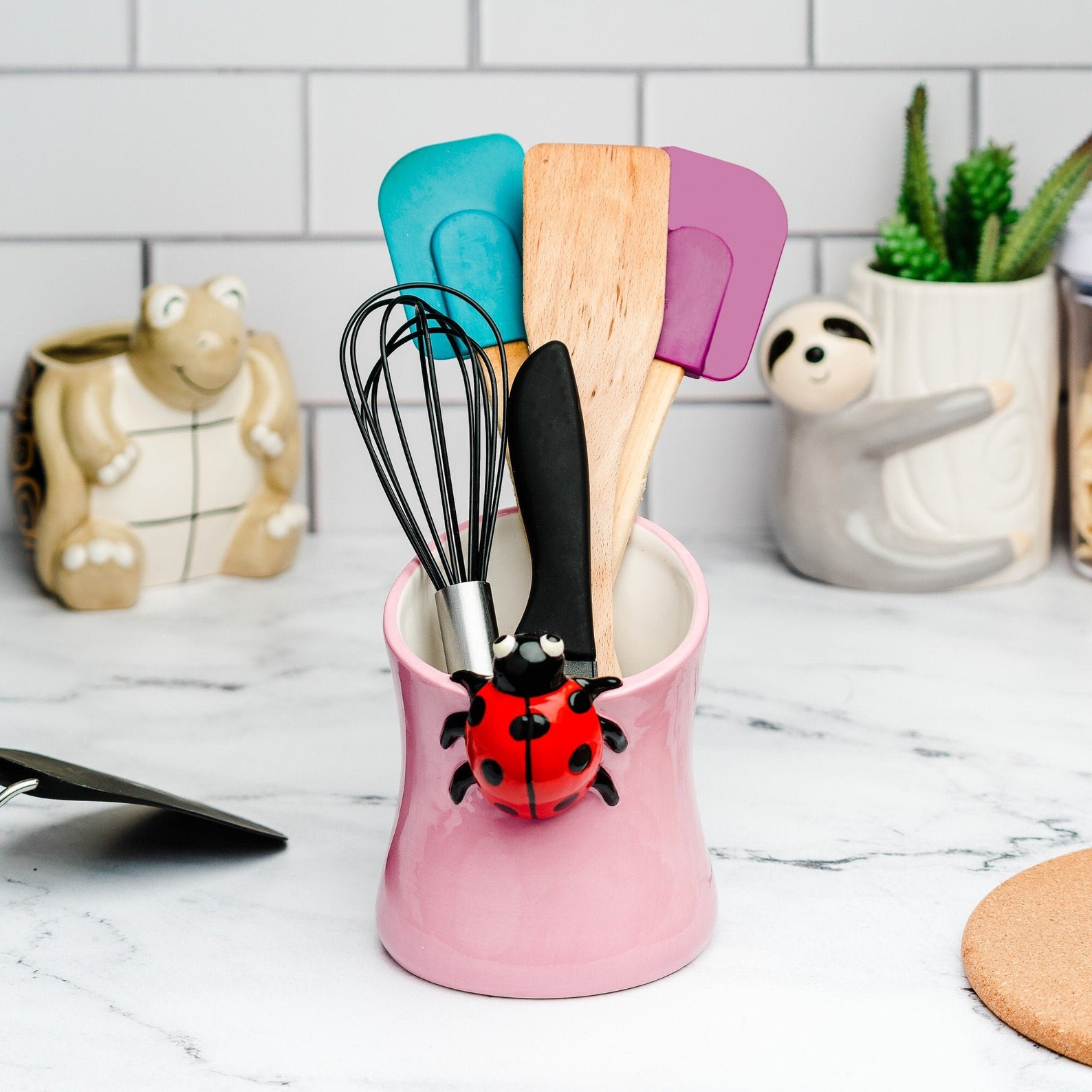 Rose Pink Utensil Holder Ladybug Kitchen Storage Crock Red Etsy