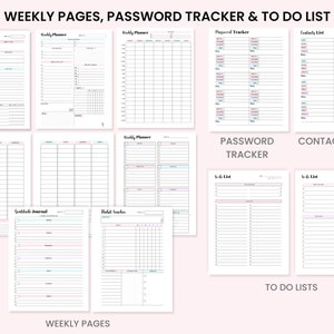 Puede incluir: P&aacute;ginas de planificador imprimibles con plantillas semanales, de seguimiento de contrase&ntilde;as, de lista de contactos y de lista de tareas. Las p&aacute;ginas est&aacute;n dise&ntilde;adas con una est&eacute;tica minimalista y presentan un fondo rosa claro con texto negro.