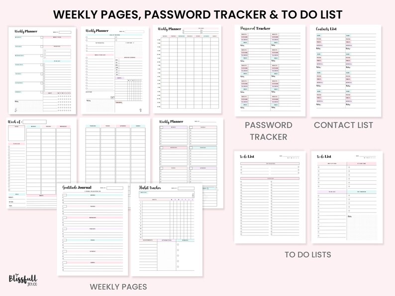 Puede incluir: P&aacute;ginas de planificador imprimibles con plantillas semanales, de seguimiento de contrase&ntilde;as, de lista de contactos y de lista de tareas. Las p&aacute;ginas est&aacute;n dise&ntilde;adas con una est&eacute;tica minimalista y presentan un fondo rosa claro con texto negro.