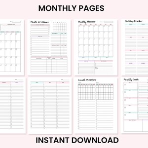 Puede incluir: P&aacute;ginas de planificador mensual imprimibles con secciones para un calendario mensual, un mes de un vistazo, un planificador mensual, un rastreador de cumplea&ntilde;os, una descripci&oacute;n general del mes y objetivos mensuales. Las p&aacute;ginas est&aacute;n dise&ntilde;adas con un esquema de color rosa, azul y verde.