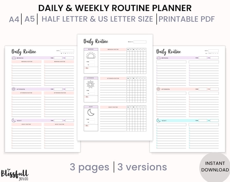 Peut inclure: Planificateur de routine quotidienne et hebdomadaire imprimable en trois versions diff&eacute;rentes. Le planificateur pr&eacute;sente un design simple avec un sch&eacute;ma de couleurs rose clair et bleu. Le planificateur est disponible en formats A4, A5, demi-lettre et lettre am&eacute;ricaine.