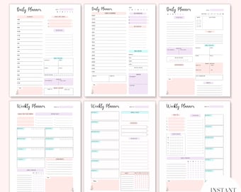 Paquete de planificadores imprimibles, planificador diario, planificador semanal, planificador de productividad, insertos de planificador, insertos PDF, A4, A5, tamaño carta, media carta