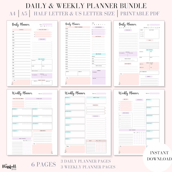 Printable Planner Bundle , Daily Planner, Weekly Planner, Productivity Planner, Planner Inserts, PDF Inserts, A4,A5, Us letter, Half letter