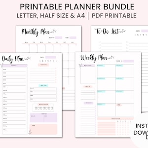 May include: Printable planner bundle with a monthly, daily, weekly, and to-do list. The planner pages are designed with a light pink background and floral accents.