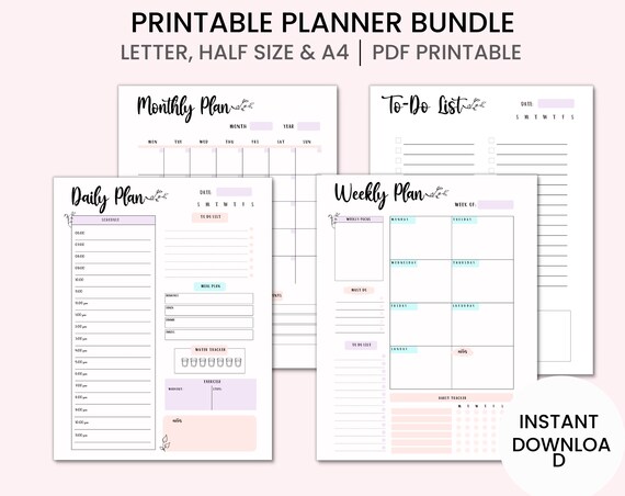Printable Planner Bundle, Daily Planner, Weekly Planner, Monthly Planner, To Do List, Instant Download A4, Half letter, US Letter