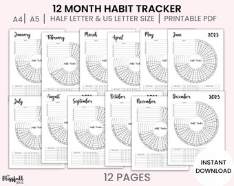 Printable 12 Month Habit Tracker, Daily, Weekly, Monthly Habit Tracker, 2023 Circular Habit Tracker, A4,A5, Us letter, Half Size, PDF Insert