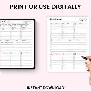 Puede incluir: Un planificador de trabajo digital imprimible con un esquema de color rosa y azul. El planificador incluye secciones para tareas, proyectos, reuniones, seguimiento, vencimiento y recordatorios. El texto "IMPRIMIR O USAR DIGITALMENTE" est&aacute; en la parte superior de la imagen.