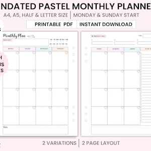 Undated Pastel Monthly Planner, Printable  2 Page Spread , Heart Calendar, Planner Inserts , Sunday/Monday start half & Us letter, A4, A5,