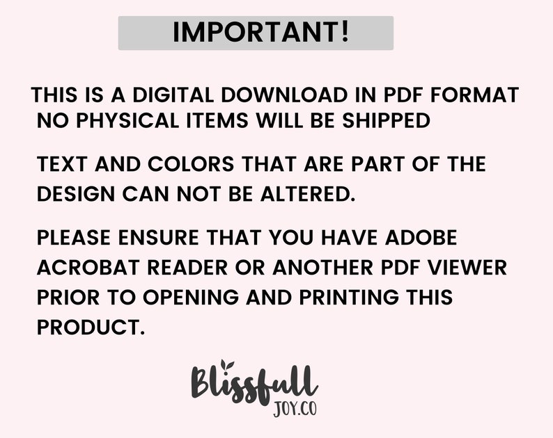 Peut inclure: IMPORTANT&nbsp;! Il s&rsquo;agit d&rsquo;un t&eacute;l&eacute;chargement num&eacute;rique au format PDF. Aucun article physique ne sera exp&eacute;di&eacute;. Le texte et les couleurs qui font partie de la conception ne peuvent pas &ecirc;tre modifi&eacute;s. Veuillez vous assurer que vous avez Adobe Acrobat Reader ou un autre lecteur PDF avant d&rsquo;ouvrir et d&rsquo;imprimer ce produit. Blissfull JOY.CO