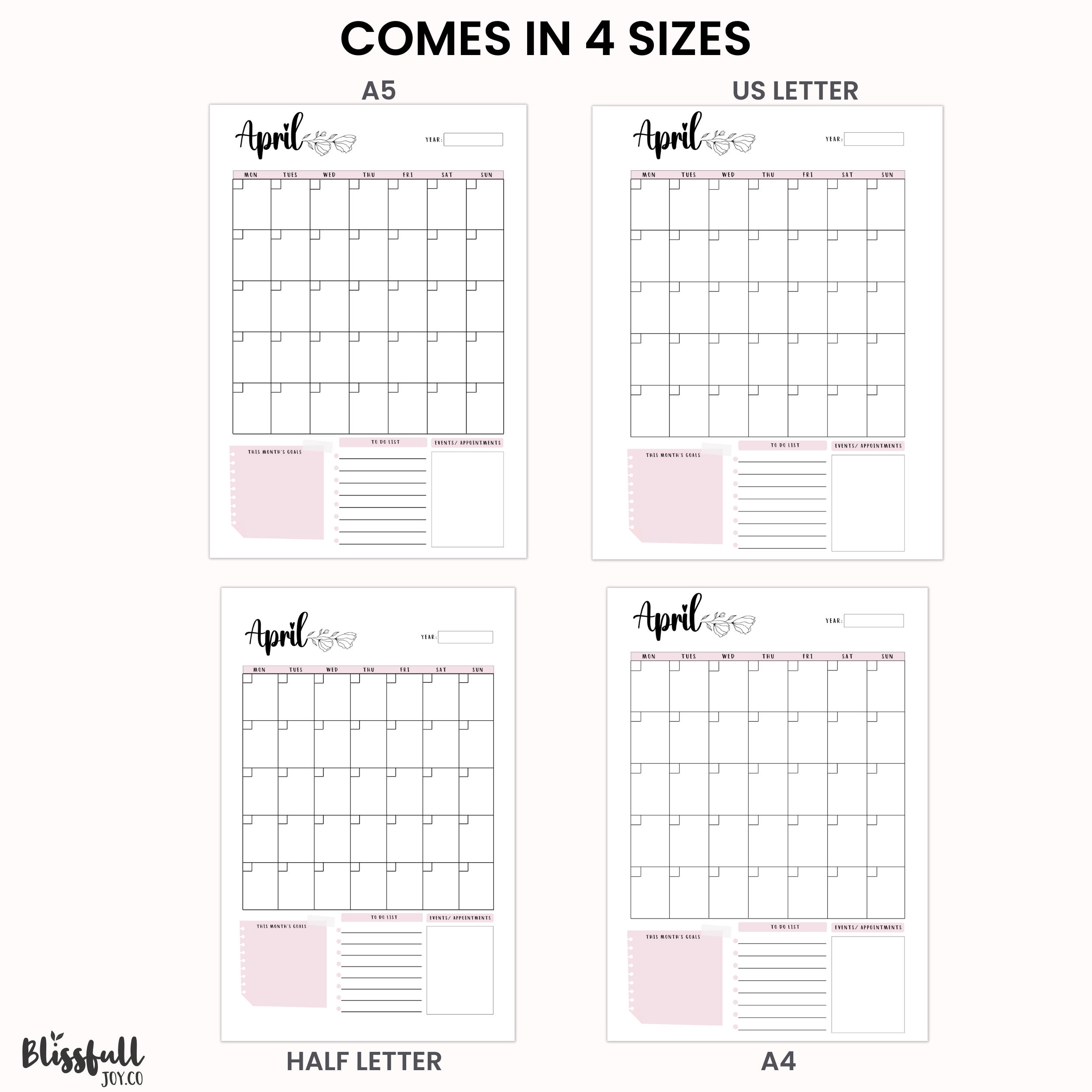 Undated Calendar Planner Insert , Monthly Planner, Monthly Calendar, to ...