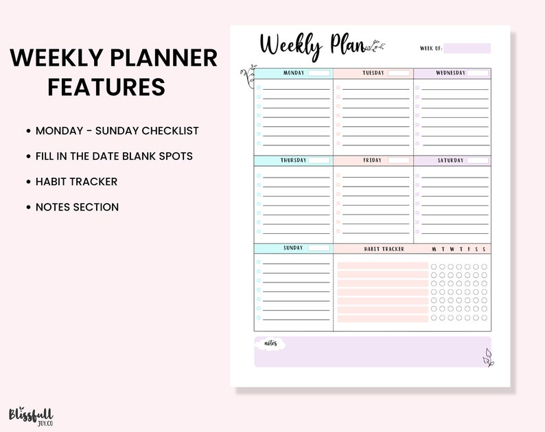 May include: A printable weekly planner with a pastel color scheme. The planner includes sections for Monday through Sunday, a habit tracker, and a notes section. The text "Weekly Plan" is at the top of the page.