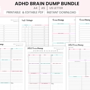 Può includere: Un pacchetto di pagine PDF stampabili e modificabili per l'ADHD, tra cui liste di cose da fare, triage dei compiti e modelli di brain dump. Le pagine presentano un design pulito e minimalista con accenti di colore pastello e il testo "ADHD Brain Dump Bundle".