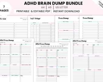 ADHD BRain dump Printable, Task lists, Brain Dump Checklists,  Canva Editable, To-Do List