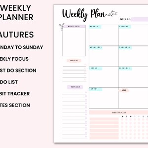 May include: A printable weekly planner with sections for weekly focus, must do, to do list, habit tracker, and notes. The planner has a light pink and blue color scheme with floral accents.