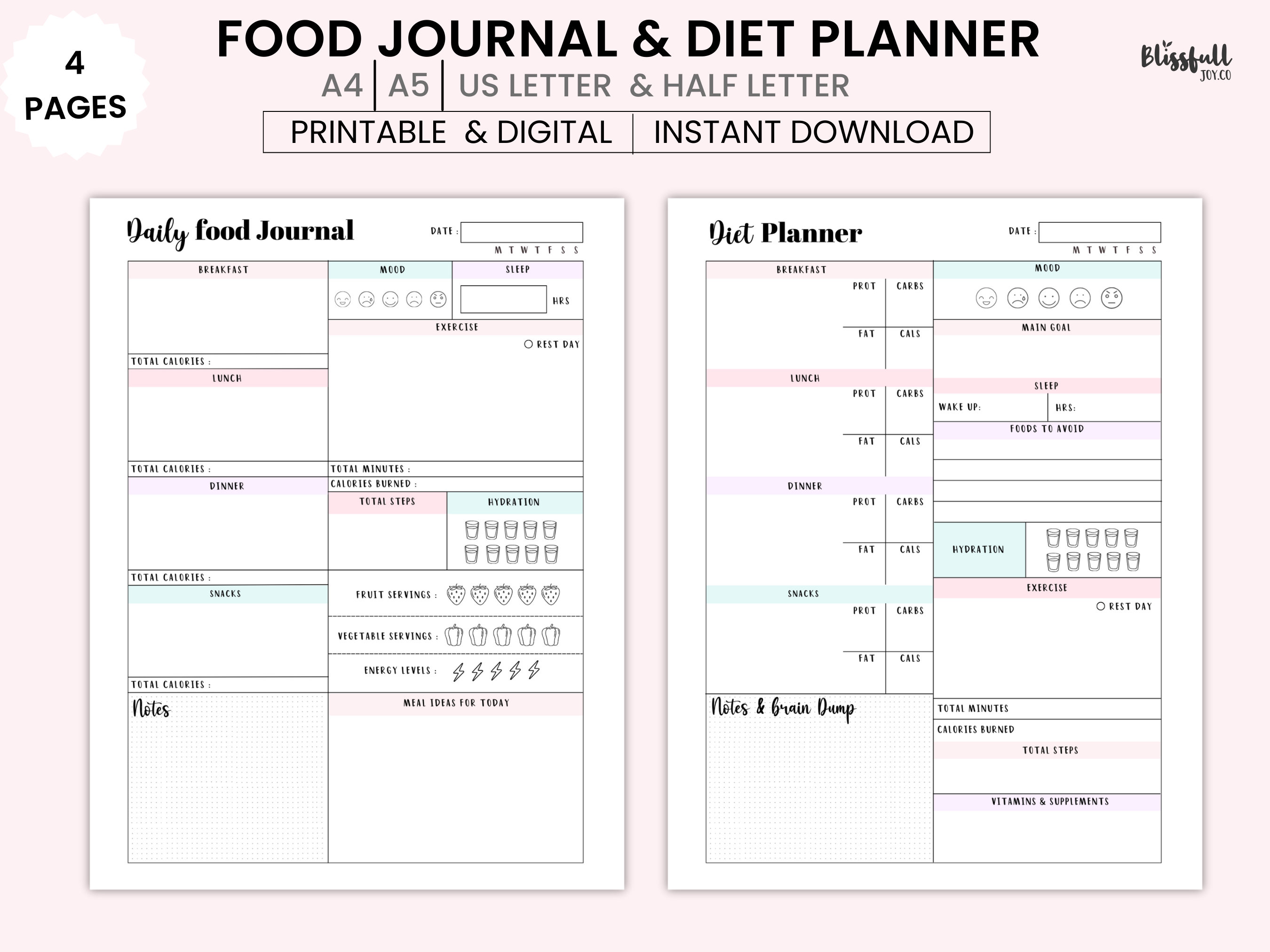 Daily Food Journal, Diet Planner, Daily Calorie Tracker, Food Diary ...