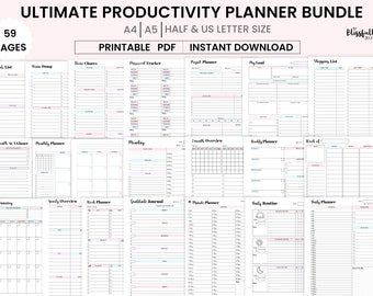 Planificateur de productivité groupé | Agendas imprimables quotidiens, hebdomadaires et mensuels | Agenda TDAH pour adultes | A4, A5, lettre US | Demi-lettre PDF