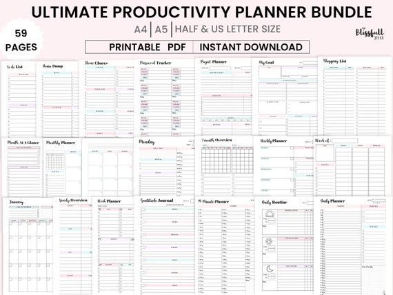 Productivity Planner Bundle | Daily, Weekly & Monthly Printable Planners | ADHD Planner for Adults | A4, A5, US Letter | Half Letter PDF