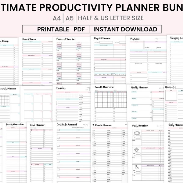 Productivity Planner Bundle , Daily planner, Weekly Planner, Monthly Planner, ADHD planner for Adults, A4, A5, Us letter & half letter.
