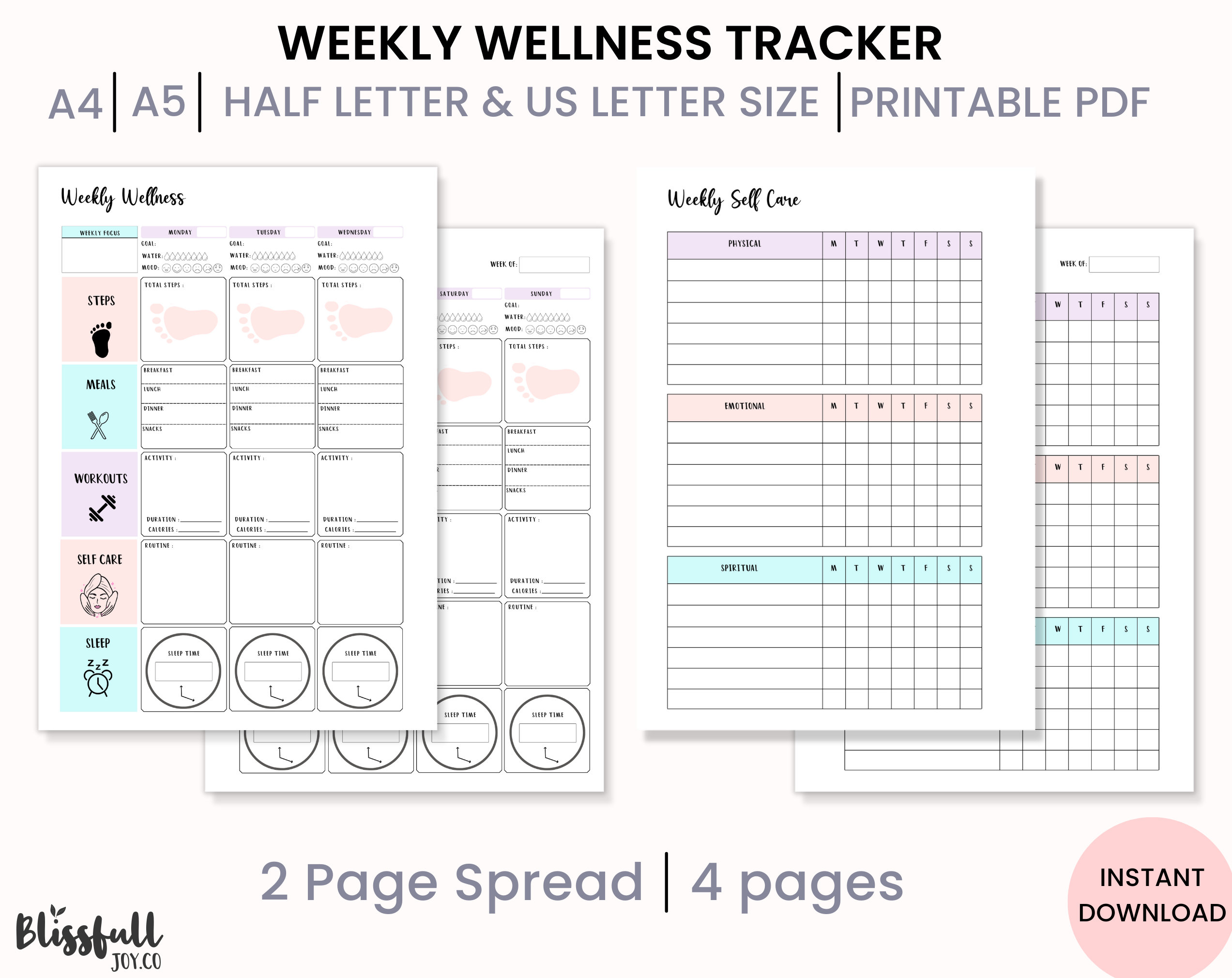 Weekly Wellness Tracker, Weekly Self-Care, Self Care Journal, Wellness Planner, Self Care Planner Printable, A4, A5, Us letter, Half letter