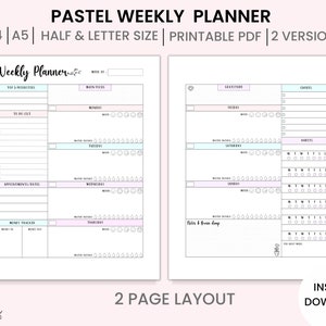 Undated Weekly Planner Printable, Week on 2 Pages, Weekly Organizer, A4, A5 , Half Size, Letter, Planner Inserts,  Productivity Planner PDF