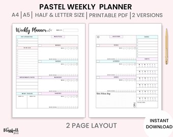 Undated Weekly Planner Printable, Week on 2 Pages, Weekly Organizer, A4, A5 , Half Size, Letter, Planner Inserts,  Productivity Planner PDF